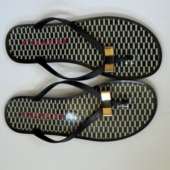Women's Coach Landon Black Jelly Thong Flip Flop Sandals with Gold Bow, size 8.5 - Picture 7 of 13